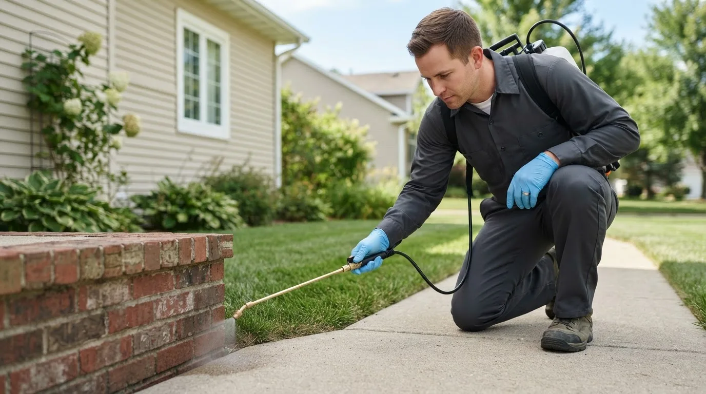 Pest control technician treating a home near Macksville, KS