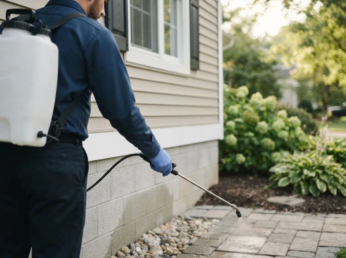 Pest control technician inspecting a home in Macksville, KS